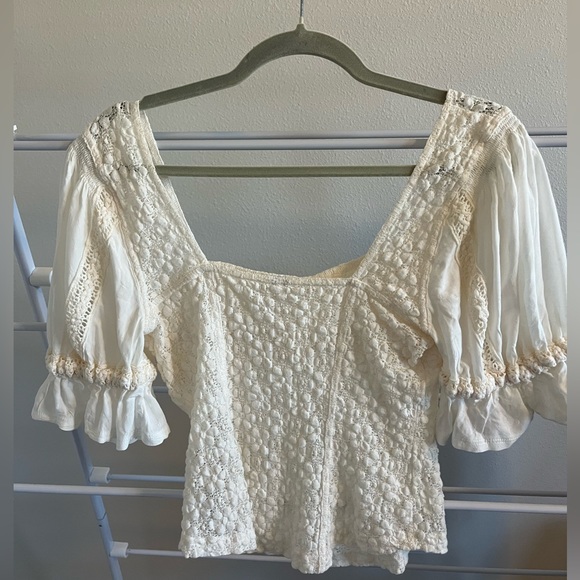 Free People creamy romantic blouse includes puff sleeves and tons of personality - Picture 2 of 6